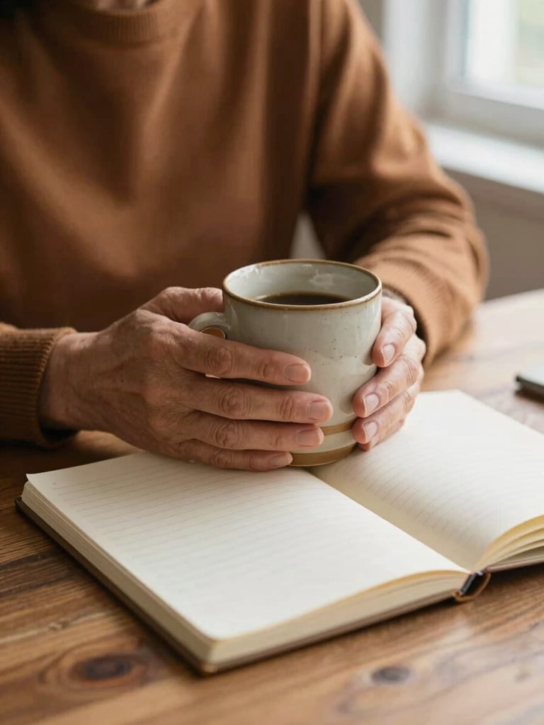 Hands of a mature woman holding a warm ceramic mug over an open paper notebook on a wooden table, soft natural window light, calm and focused atmosphere