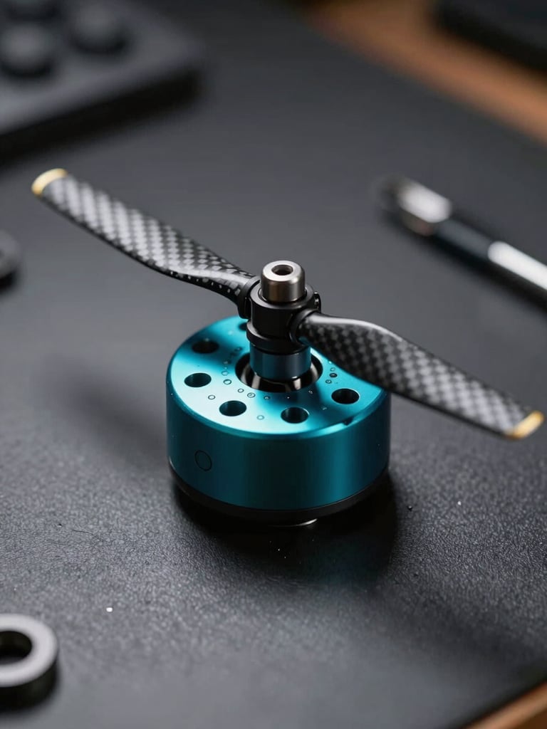 Macro shot of drone carbon fiber propeller and brushless motor on a dark technical workbench, cyan lighting highlights