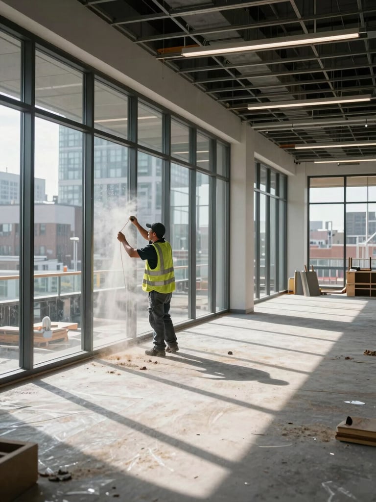 Wide environmental shot inside a Toronto commercial office under active construction cleaning—a crew member in safety vest wiping down a floor-to-ceiling glass partition divider, natural north-facing daylight flooding the open-plan interior, construction dust visible on adjacent surfaces, exposed ceiling grid above, sharp documentary framing with the worker off-center to the left third and generous negative space in the cleared floor area to the right