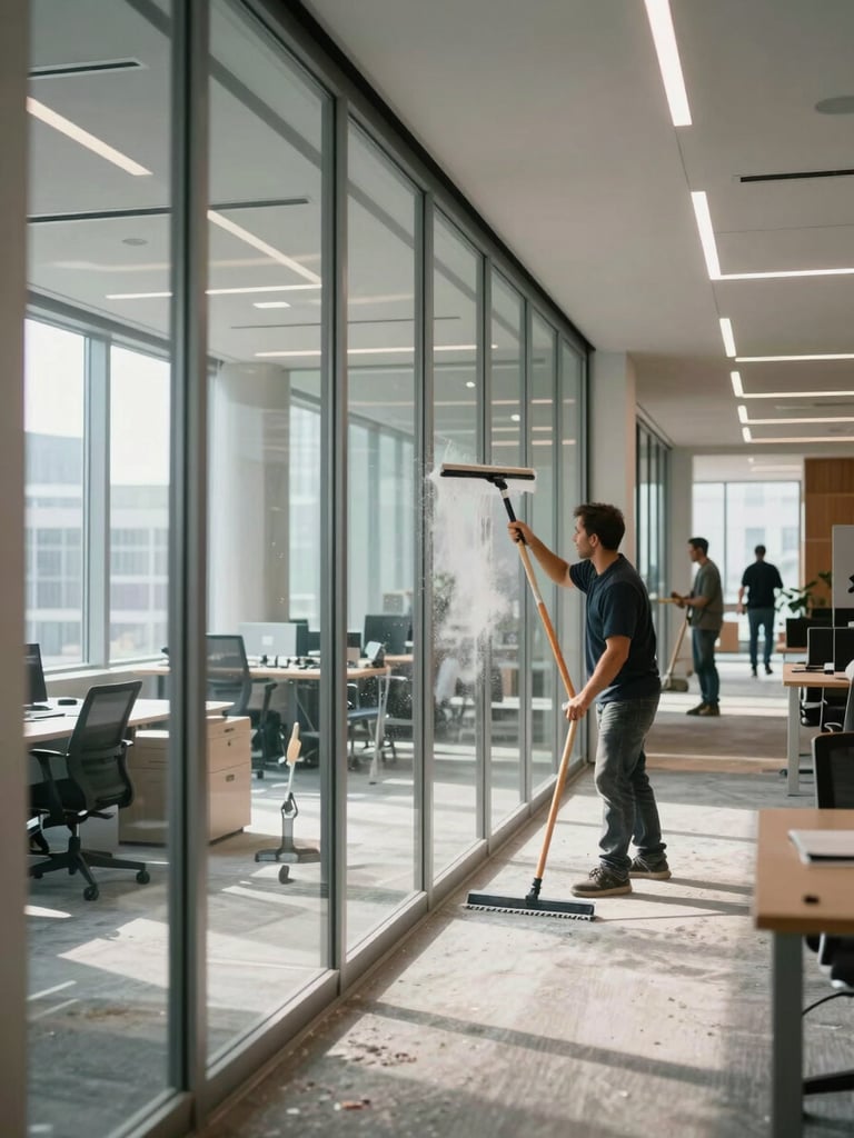 Wide environmental shot inside a Toronto office, a crew member wiping a floor-to-ceiling glass partition with a squeegee, natural north-facing daylight flooding the open-plan space, construction dust visible on adjacent surfaces, framing shows the full height of the glass divider and the cleaned corridor beyond