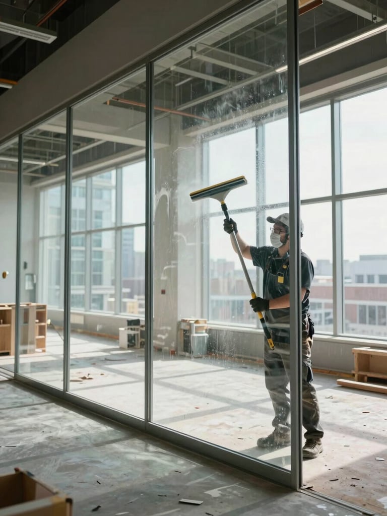 Wide environmental shot inside a Toronto commercial office under renovation, a cleaning crew member wiping down a full-height glass partition divider with professional squeegee, natural north-facing daylight flooding through floor-to-ceiling windows, construction materials visible in the background, crisp surface clarity on the freshly cleaned glass panel, shot from a low angle to emphasize the scale of the space