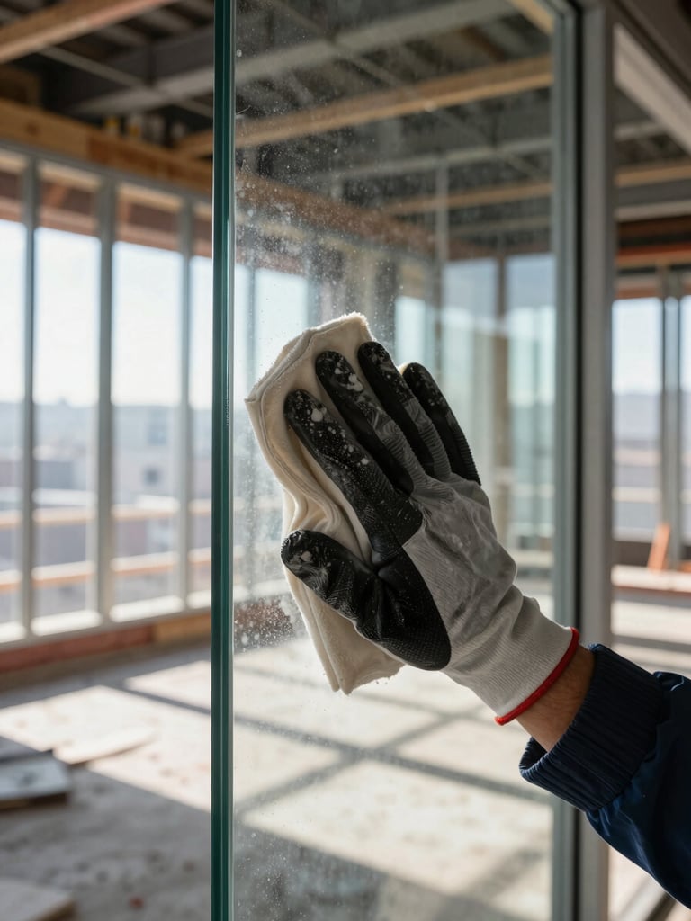 Extreme close-up framing, a crew member's gloved hands wiping a floor-to-ceiling glass office divider inside a Toronto office under construction, natural north-facing daylight revealing dust streaks being cleared, steel framing visible in background, sharp documentary detail, no soft focus