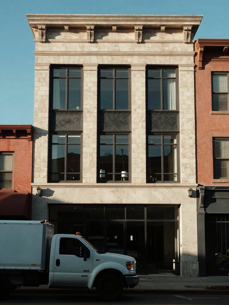 Street-level portrait framing of a California mixed-use building facade, original masonry and steel window frames visible, late-morning north-facing light washing evenly across the surface, a parked work truck in the foreground suggesting active management, neighboring buildings providing neighborhood depth