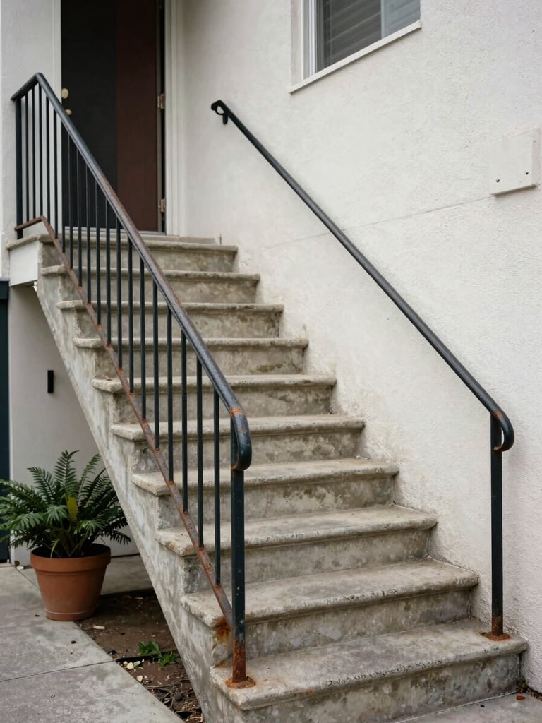Close-up of a weathered exterior staircase on a California multifamily property, north-facing diffused daylight, painted concrete steps showing wear and patina, iron railing with rust at joints, potted plant at base, ground-floor unit door partially open, documentary framing with environmental depth