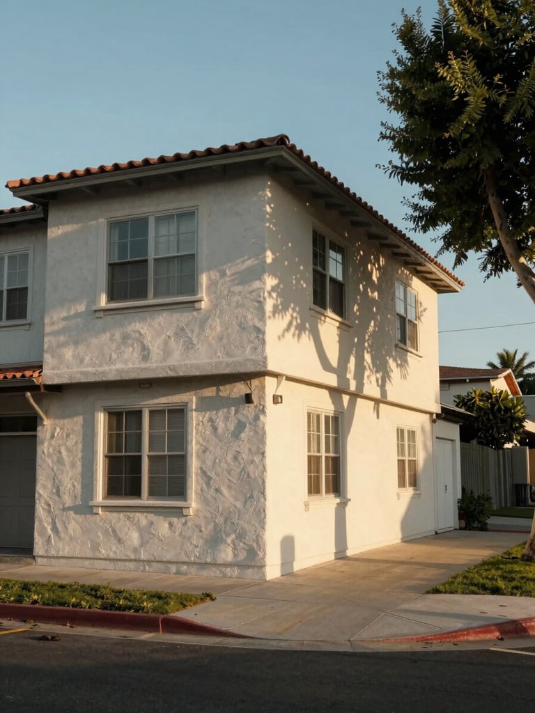 Wide environmental shot of a two-story California residential building exterior, street-level view from a sidewalk corner, late afternoon golden hour light casting long shadows across stucco facade, building details and utility lines visible, mature trees at frame right, no people, documentary framing