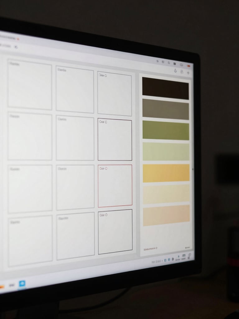 Macro shot of a high-resolution screen displaying clean vector wireframes next to a physical Pantone color guide, dramatic low-key side-lighting, dark workshop background.