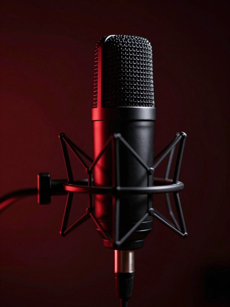 Low-key side-lit studio shot of a professional podcast microphone, dark crimson glow in the background, sharp highlights, cinematic depth of field.