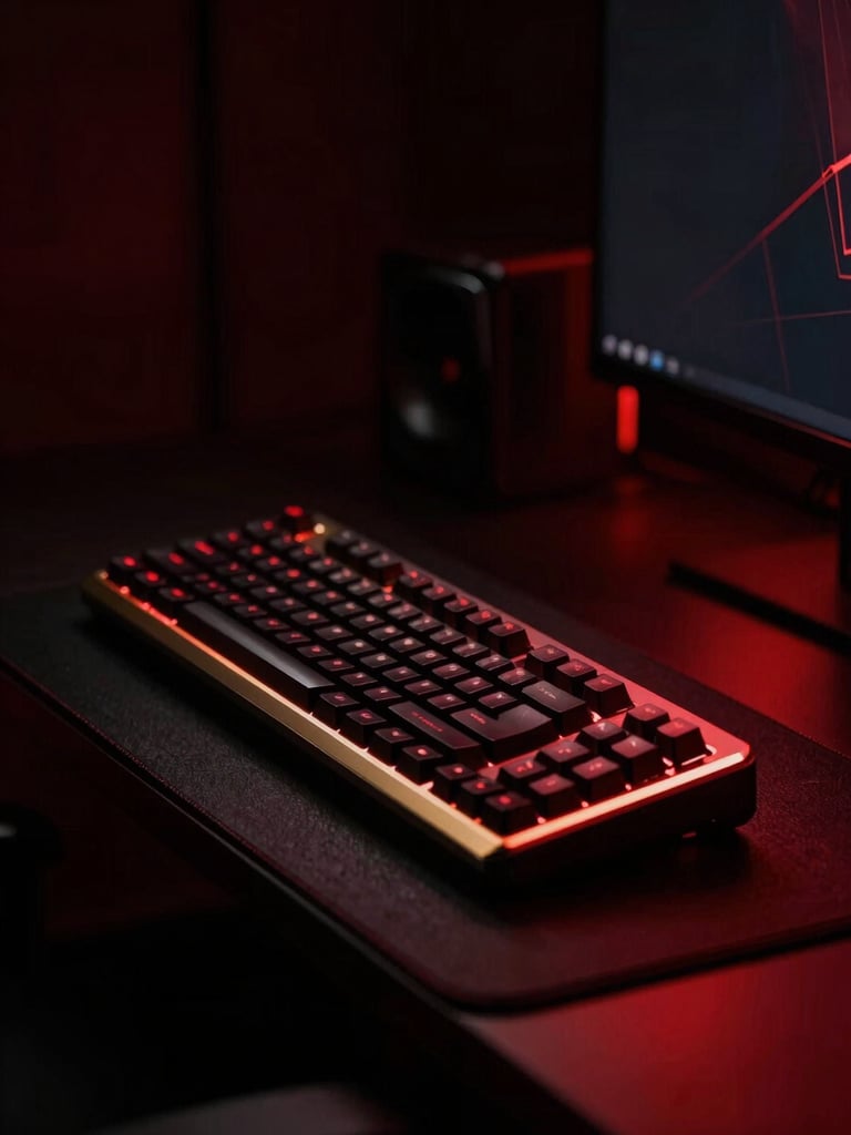 A high-performance gaming setup in a dark room, illuminated by a deep red and gold ambient glow, sharp geometric lines, dramatic low-key lighting.
