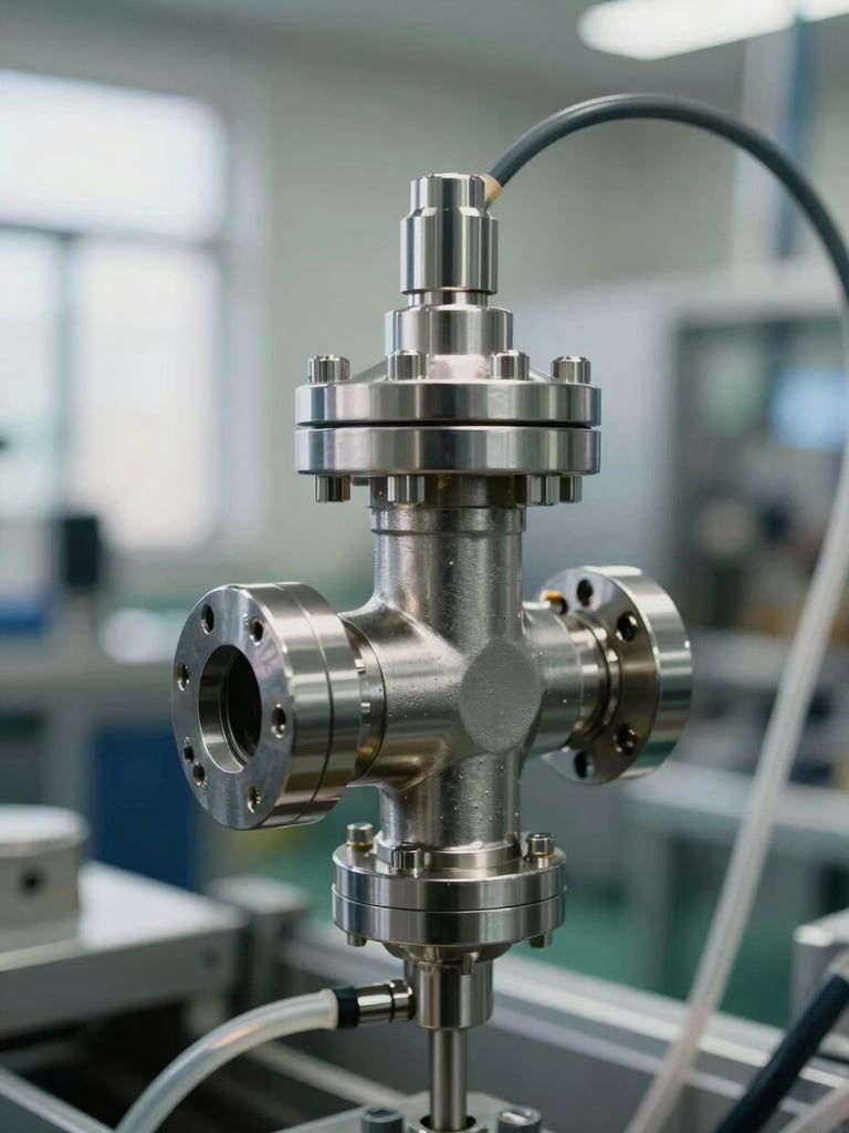 Close-up of stainless steel valve assembly on a pharmaceutical filling line, industrial daylight from the left, precise fittings and tubing visible, neutral production hall background out of focus