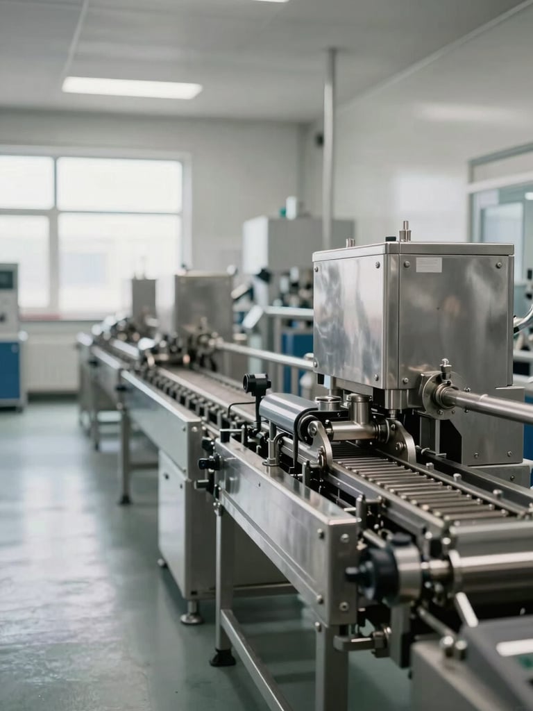 Wide industrial production hall interior, stainless steel filling line machinery in the foreground occupying the right two-thirds of frame, left side open with diffused northern window light, no people, clean pharma-grade equipment surfaces, flat neutral industrial daylight