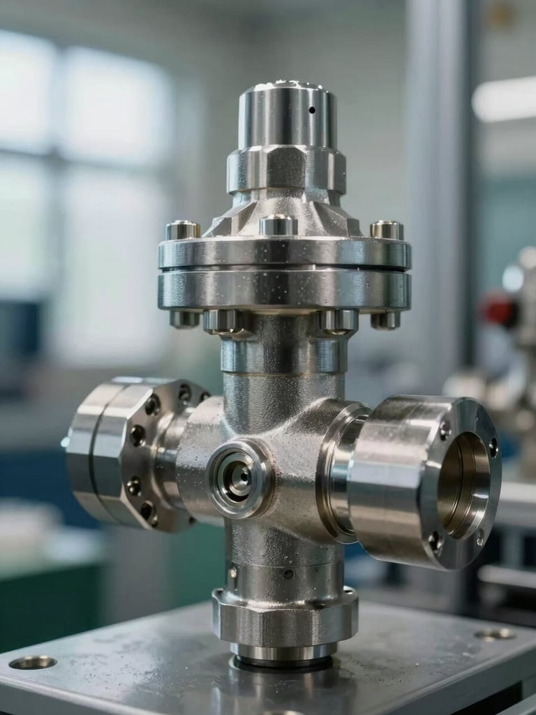 Extreme close-up of a stainless steel valve assembly on a production line, precision-machined fittings and pipe connections visible, industrial daylight from the left, no people