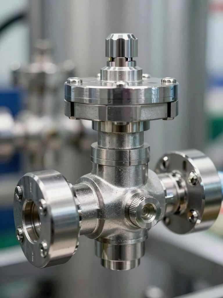 Extreme close-up of a stainless steel valve assembly on pharmaceutical production equipment, industrial northern daylight, crisp metallic surface detail, no people, clean hygienic-grade fittings visible in sharp focus, background softly out of focus