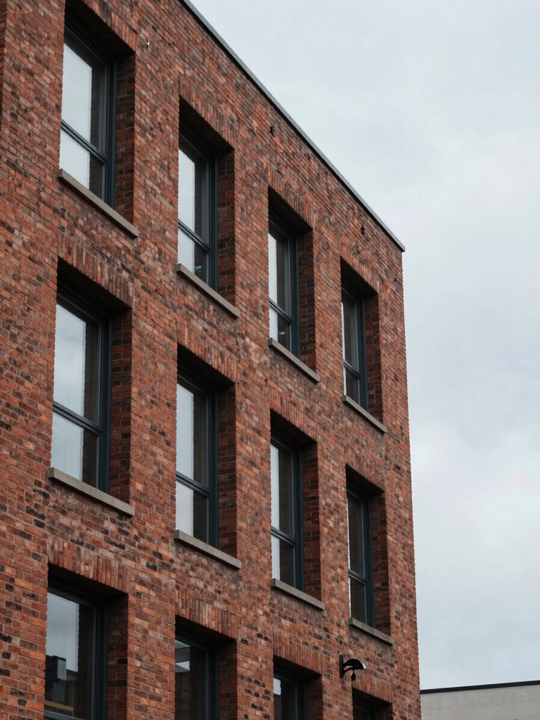 Overcast daylight shot of a modern brick multifamily building facade, focusing on structural textures and clean architectural lines, negative space on the right.