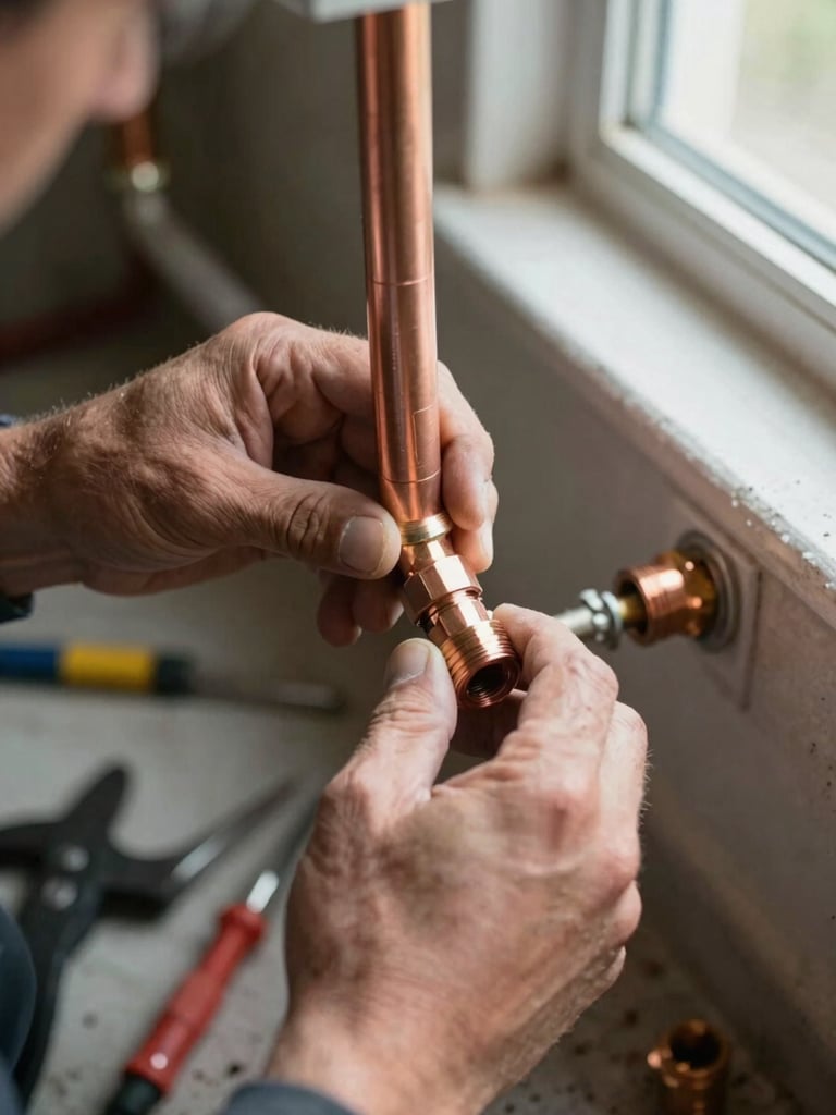 Close-up of a technician's hands installing a copper pipe fitting in a residential plumbing chase, tools and pipe fittings visible, even daylight from a nearby window, documentary framing showing job scope