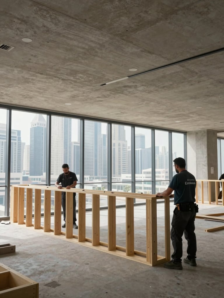 Wide environmental shot of a Dubai office interior mid fit-out, raw concrete ceiling exposed, uniformed Ecoformax technician measuring partition framing in foreground, floor-to-ceiling glazing with city skyline visible behind, even site lighting