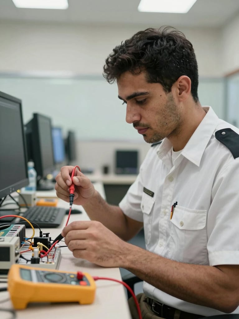 Waist-up portrait of a uniformed technician testing an electrical circuit with a multimeter, Dubai office interior behind, even site lighting, focused and precise