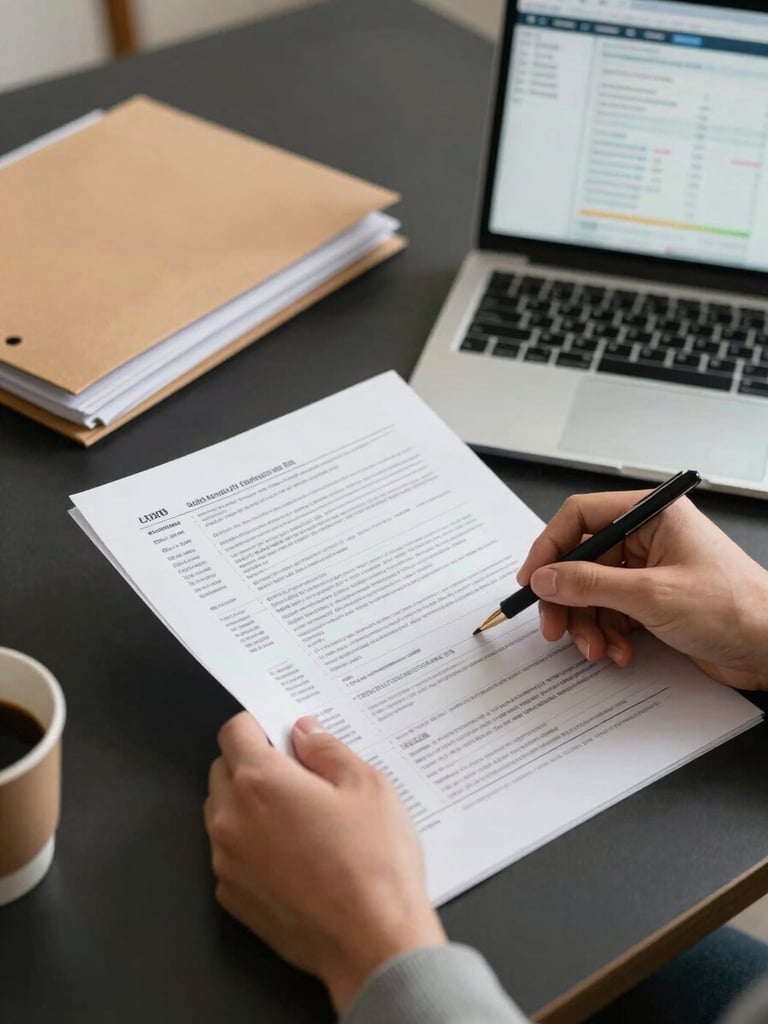 Close-up of hands at a desk reviewing printed tax documents and a laptop screen displaying a financial dashboard, clean overhead studio lighting, organized workspace with folders and a coffee cup, dark desk surface, shallow depth of field