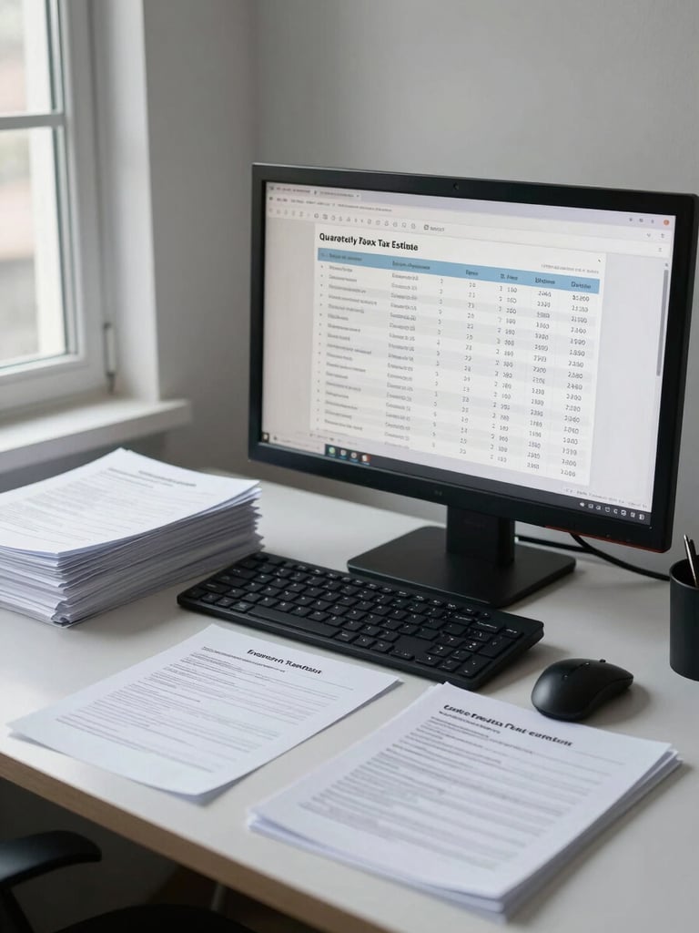 Wide shot of an organized small business workspace, monitor displaying a quarterly tax estimate summary screen with line items and due dates, stack of printed entity documents beside keyboard, window light from the left, cool neutral tones