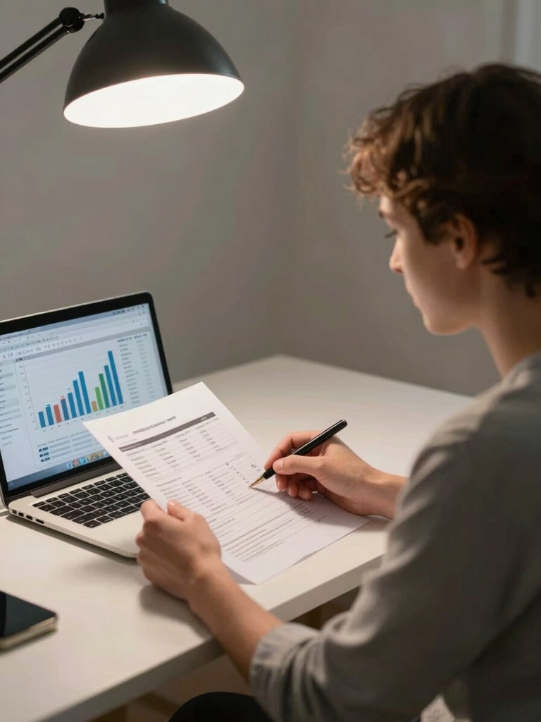 Medium shot of a small business owner seated at a tidy desk, studying a printed financial report beside an open laptop displaying a bar chart dashboard, overhead studio lighting, neutral background, focused expression, no visible faces of stock models