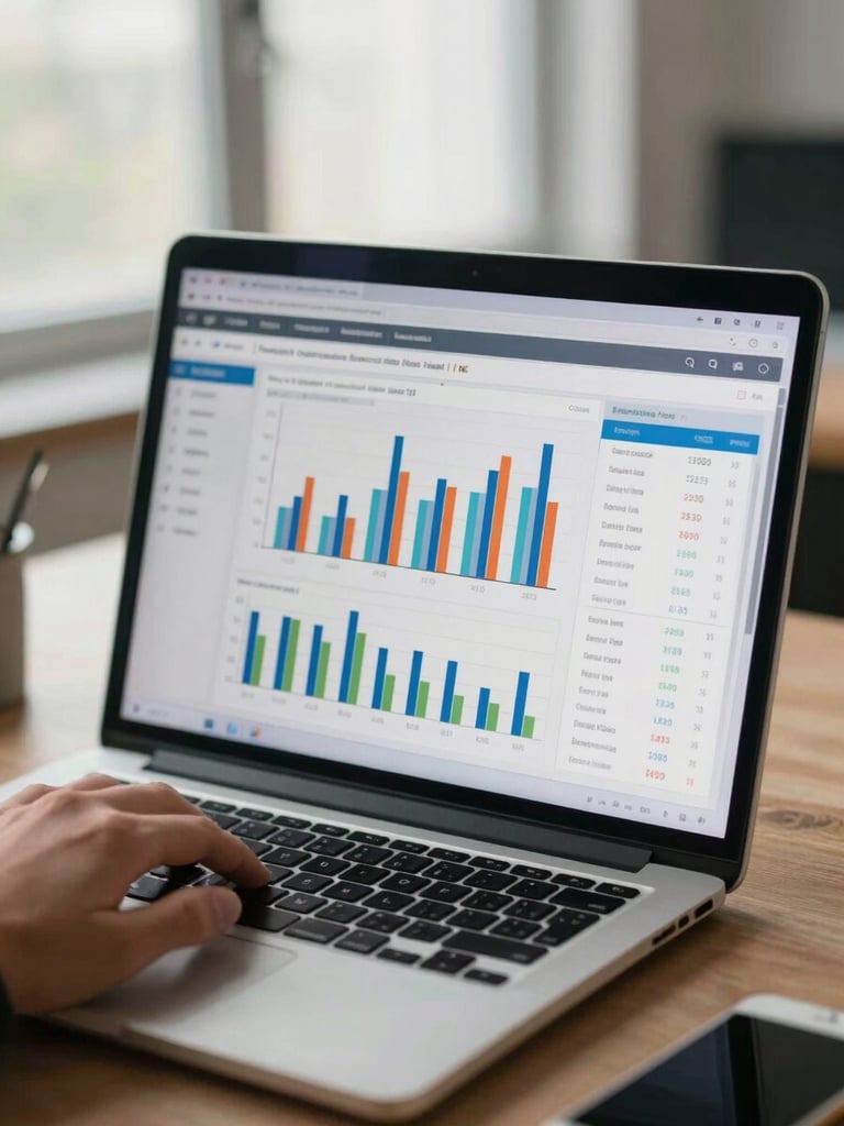 Medium shot of a laptop screen displaying a compensation benchmarking dashboard with bar charts and data tables, a hand resting on the keyboard, office environment with diffused window light in the background, neutral tones, sharp focus on the screen data