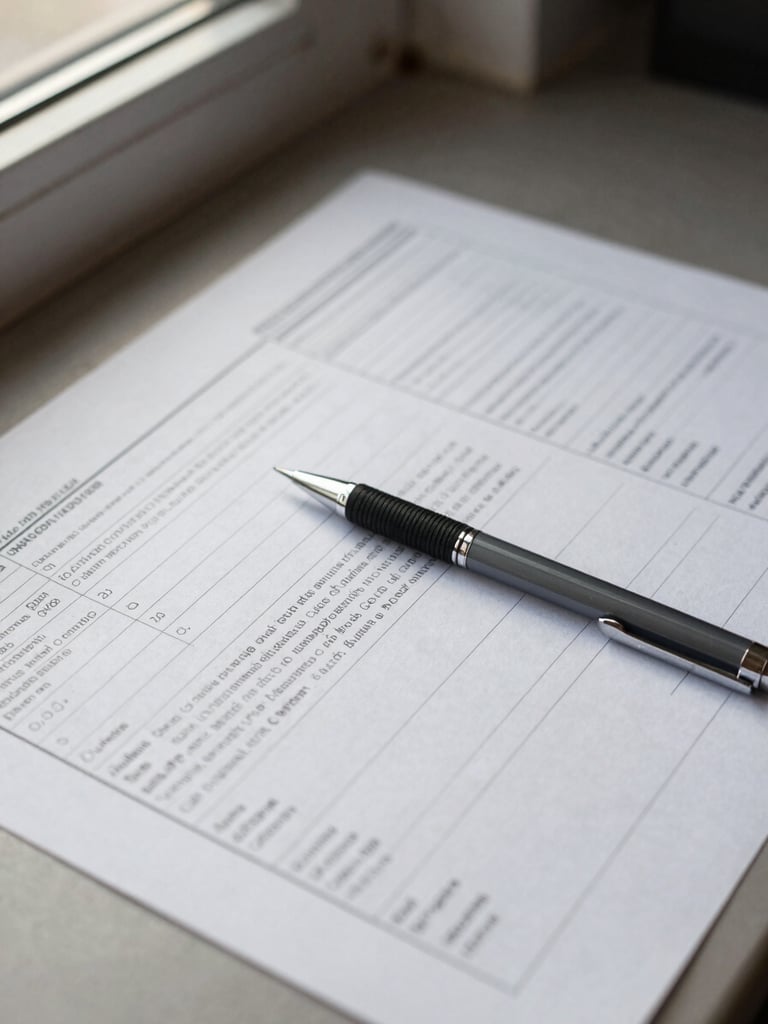 Close overhead shot of a work surface with printed salary band tables, a mechanical pencil resting diagonally across the page, and a hand partially visible at the edge, soft natural light from a window to the upper left, muted tones of paper and graphite