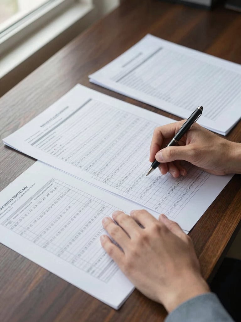 Wide panoramic overhead view of a corporate work surface, compensation framework documents and printed salary band charts spread across a dark wood desk, a pair of hands holding a pen annotating a data grid, soft natural window light from the left, clean and analytical