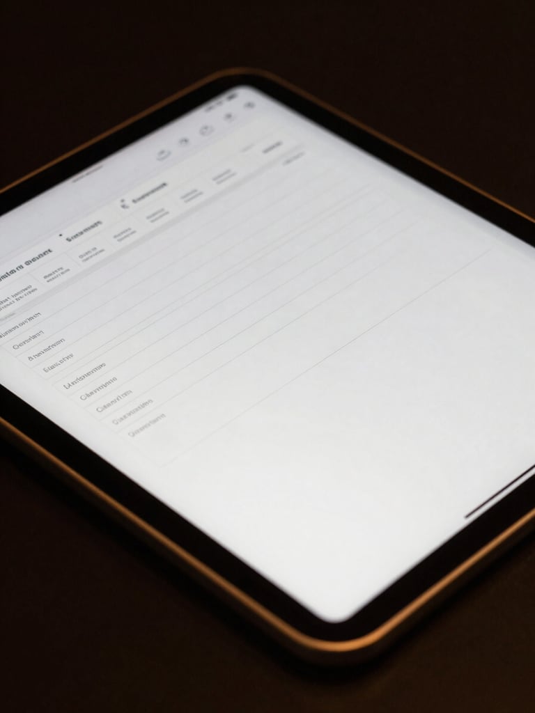 Minimalist workspace detail, close-up macro shot of a tablet screen displaying a gold-trimmed fillable workbook input under dramatic low-key studio lighting, 35mm