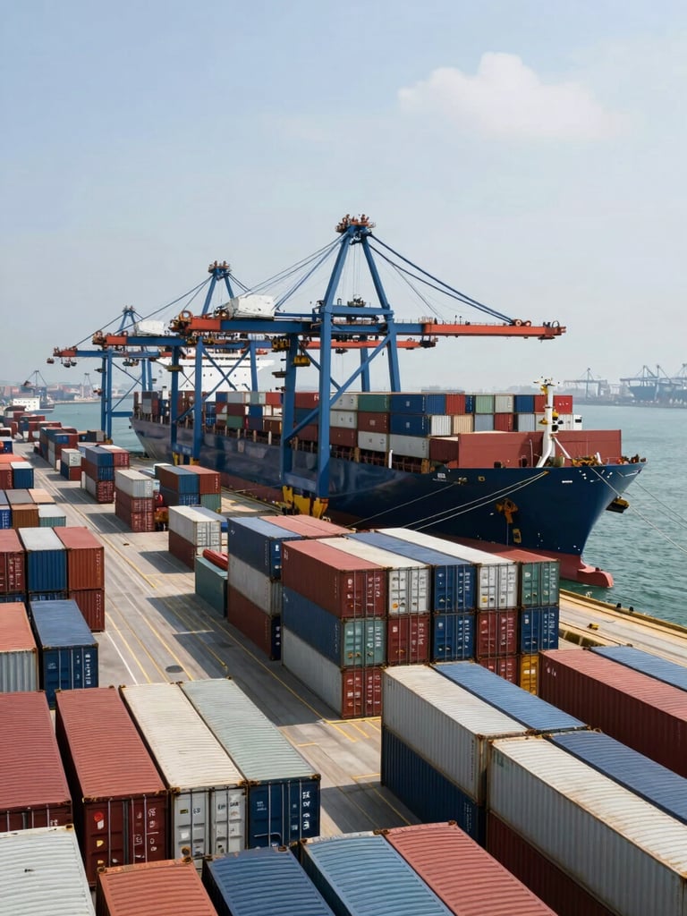 Wide shot of a deep-water shipping port with rows of stacked containers, a large container ship docked, daylight, industrial atmosphere