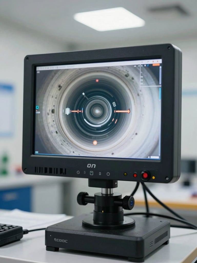 Close-up of a high-tech sewer camera monitor showing clear pipe interiors, bright workspace lighting, professional plumbing diagnostic rig.