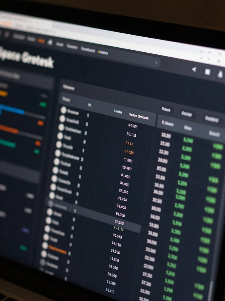 Macro close-up of a high-fidelity fintech UI dashboard showing real-time transactional data flows, cool studio lighting with sharp golden highlights, Space Grotesk typography visible on screen.