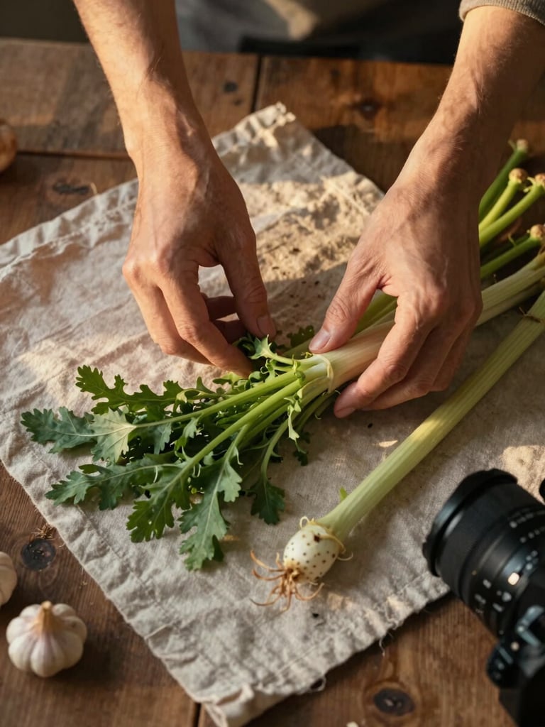 Close-up overhead of hands arranging seasonal vegetables on a linen cloth for a flat-lay shoot — warm golden-hour light from the side, a camera visible at the edge of the frame, rough wooden surface, muted earthy tones