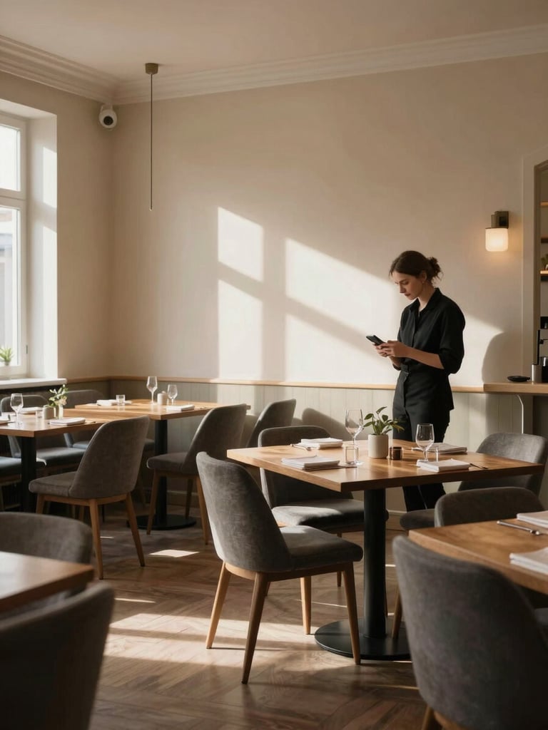 Environmental shot of a quiet Scandinavian-style restaurant dining room during morning prep — empty chairs, a long communal table, soft north-facing daylight, a team member reviewing a phone screen in the far background, warm beige walls