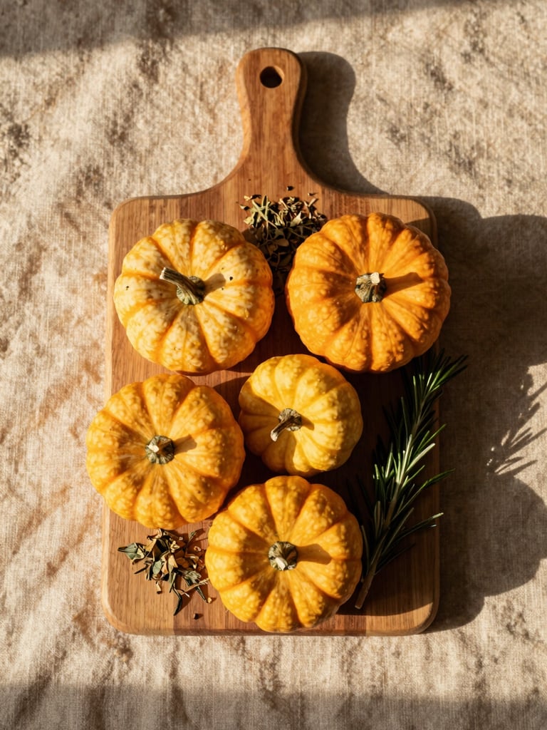 Flat-lay overhead of a wooden cutting board with seasonal autumn vegetables — small pumpkins, dried herbs, a sprig of rosemary — on a warm beige linen cloth, soft golden-hour side light casting long shadows, no text or branding