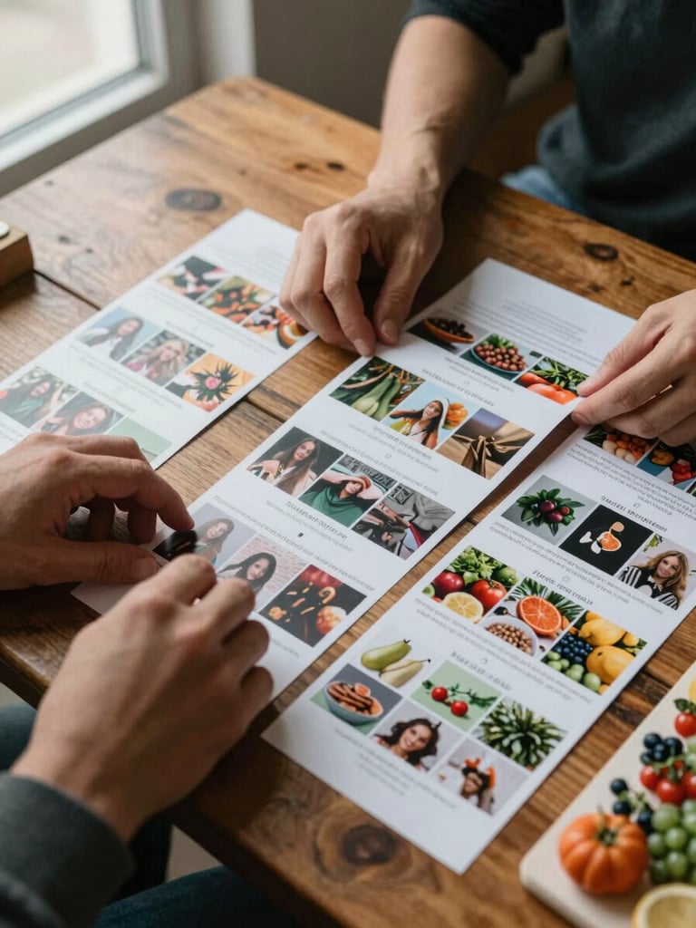Close overhead view of two pairs of hands arranging printed social media content cards on a worn wooden table, a seasonal produce mood board partially visible at the edge, soft diffused daylight from a side window, no faces