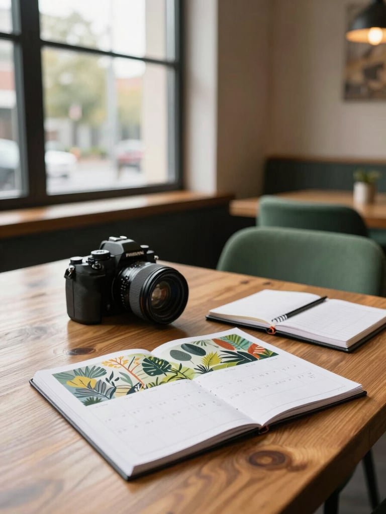 Wide editorial shot of a content planning session in a quiet restaurant interior at prep time — a wooden table with a seasonal calendar spread open, a camera and notebook beside it, warm north-facing daylight from a tall window, no people visible, matte forest-green chair in background