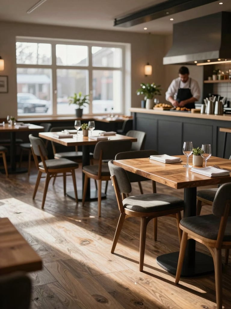 Wide shot of a Scandinavian-style restaurant dining room during morning prep — empty wooden tables set with linen napkins, warm north-facing window light raking across the floor, a single chef visible in soft focus at the far end, unhurried atmosphere