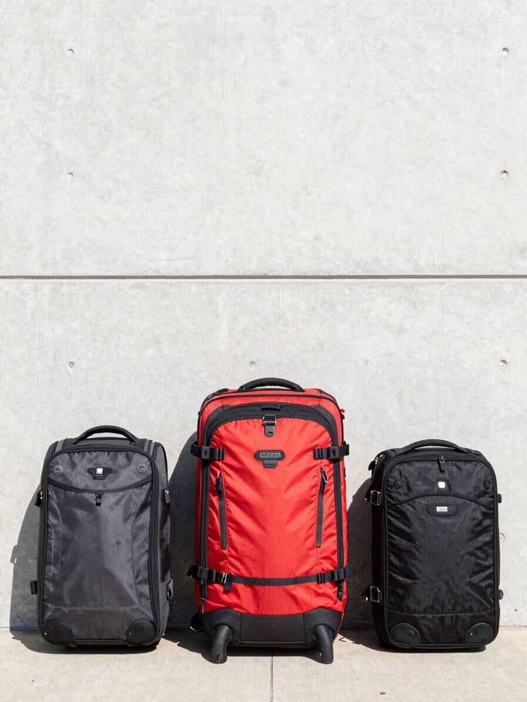 Crisp editorial travel photography of functional travel gear resting against a clean concrete wall, bright natural daylight, clean composition