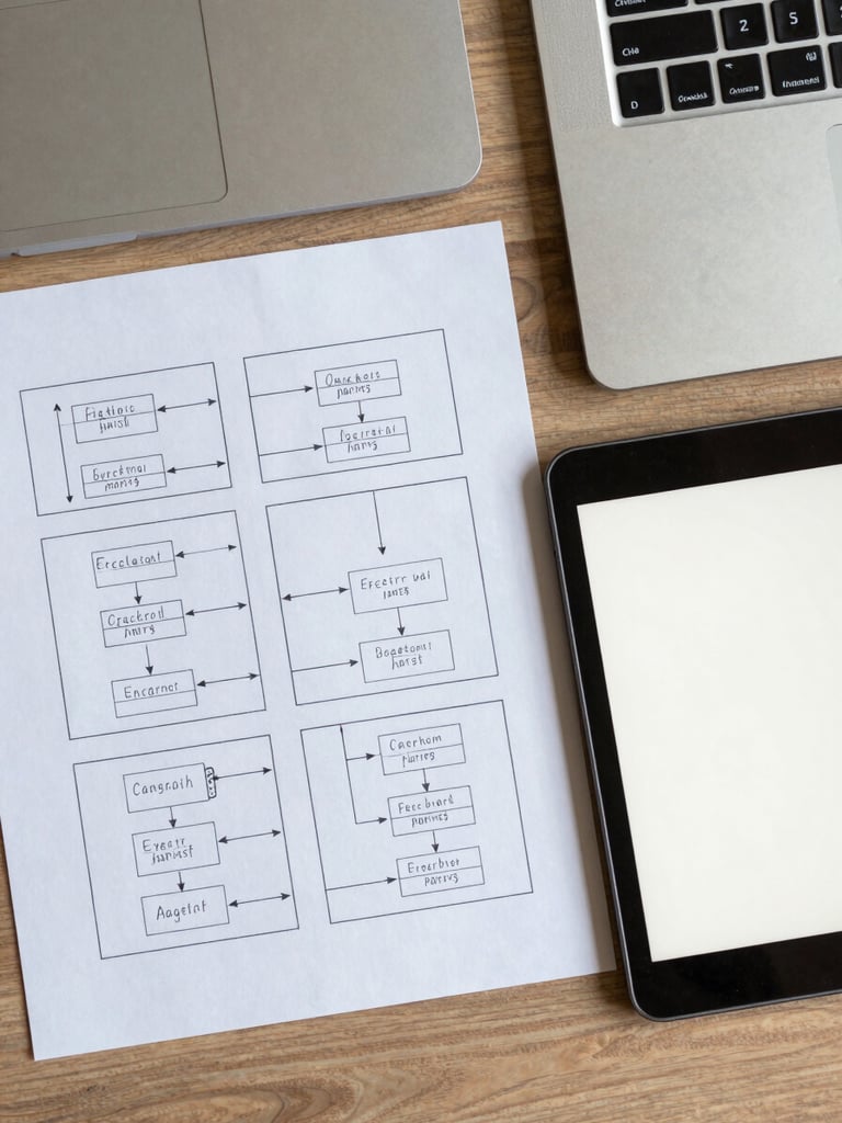 Overhead desk layout showing structured strategic frameworks printed on paper next to a clean wireframe draft on a tablet, neutral crisp office daylight.