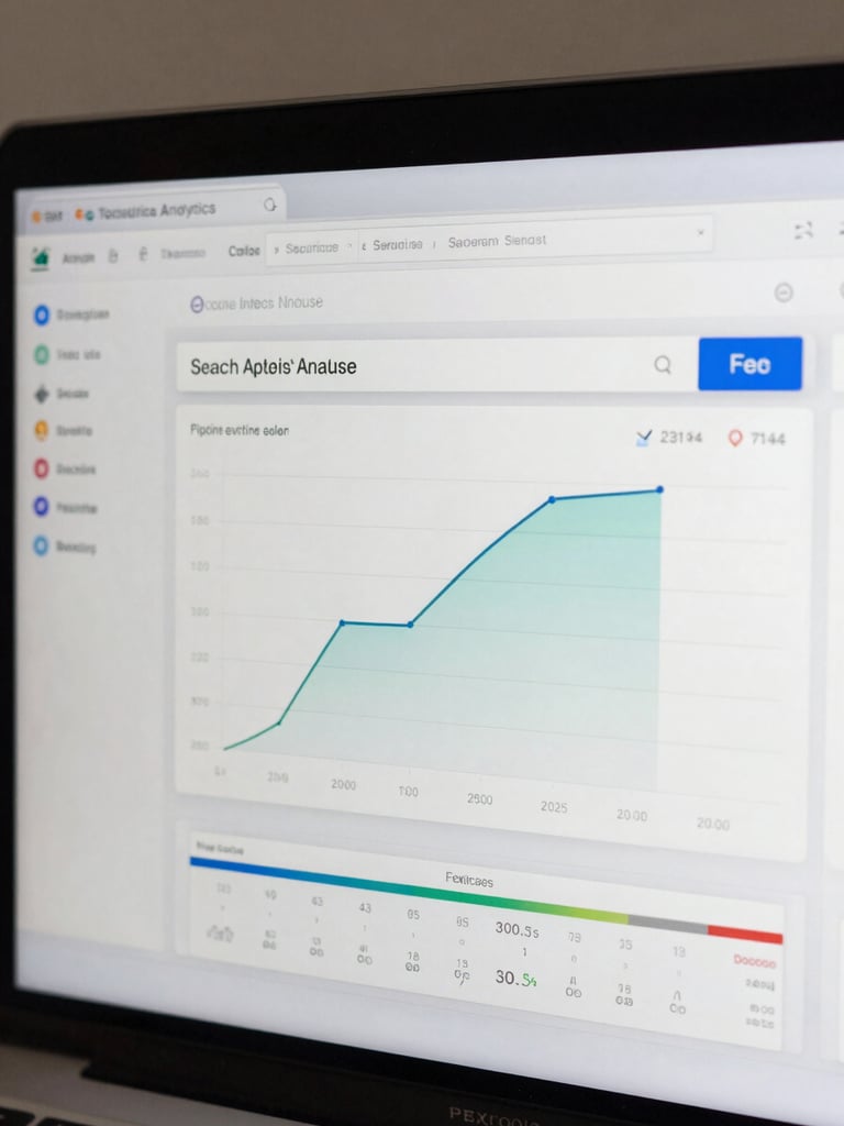 Macro shot of a real-time analytics dashboard displaying search intent mapping and pipeline attribution metrics, neutral crisp daylight, high contrast, clean data interface.