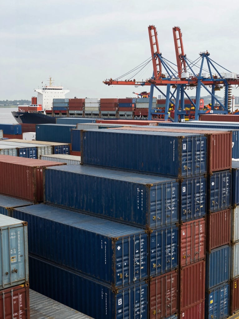 Wide panoramic view of a busy container port, stacked shipping containers in navy and steel blue filling the right two-thirds, a cargo vessel at dock in the far background, flat natural daylight, no people posing
