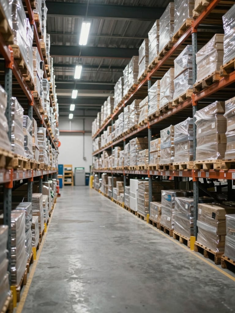 Wide interior of a large organized warehouse, rows of metal shelving stacked with palletized goods under bright overhead fluorescent lighting, concrete floor with painted lane markings visible, no people, practical industrial environment