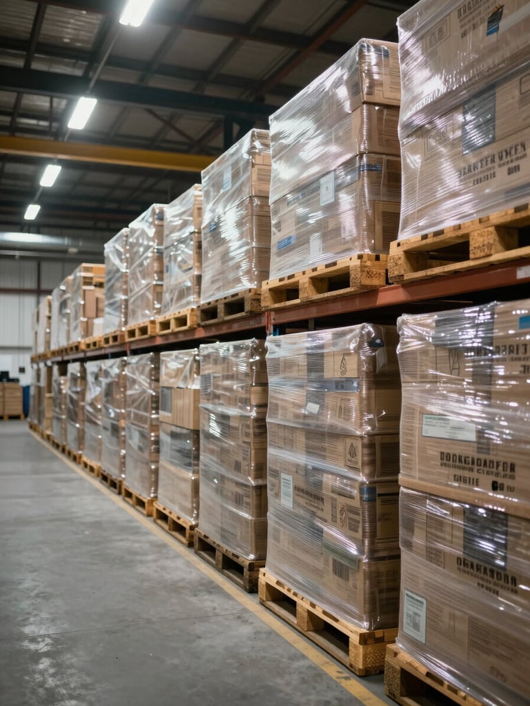 Environmental shot inside an organised warehouse storage bay, stacked pallets of goods in neat rows extending deep into the frame, overhead industrial lighting casting even light, audited facility appearance, no people posing