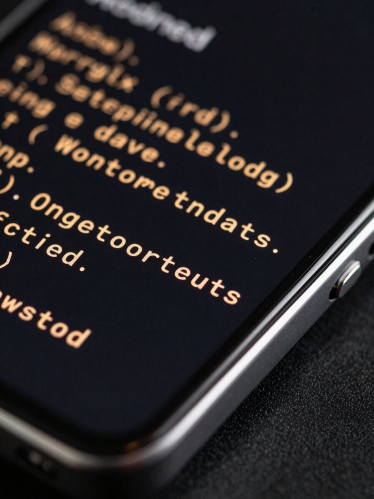 Extreme close-up of a matte black Android device screen showing terminal output in amber text, sharp highlights catching the machined aluminum edge, dark studio setting.