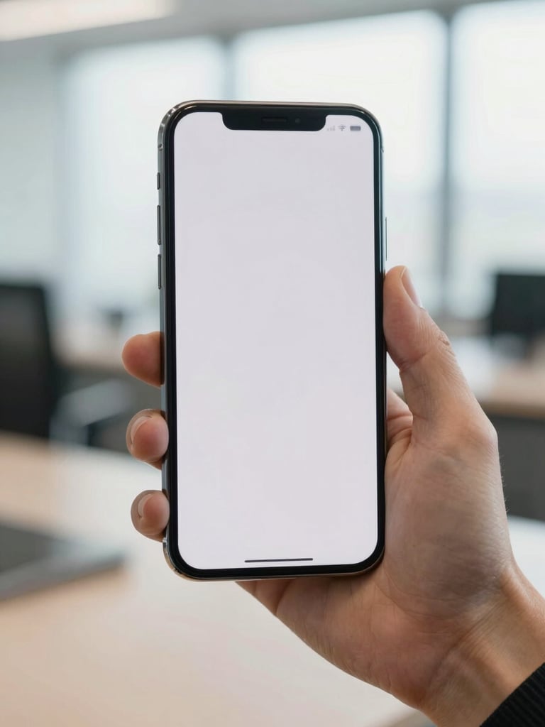 A close-up shot of hands holding a generic, unbranded modern smartphone with a clean neutral screen, bright natural indoor lighting, professional office background.