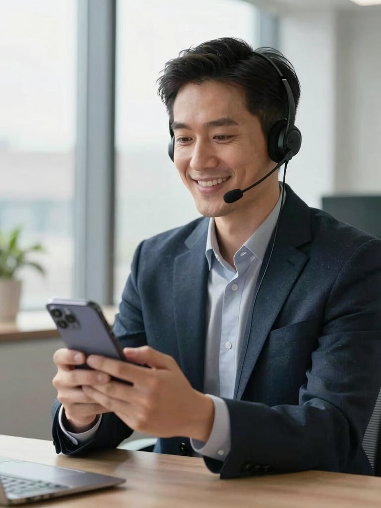 Bright, professional UK office setting with a friendly advisor wearing a headset, smiling neutrally, holding an unbranded modern smartphone, natural window light.