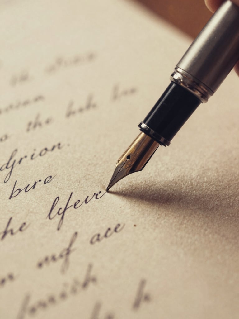 Close-up of fountain pen writing lyrics on aged parchment paper, warm side lighting, ink texture visible, macro lens, nostalgic film grain