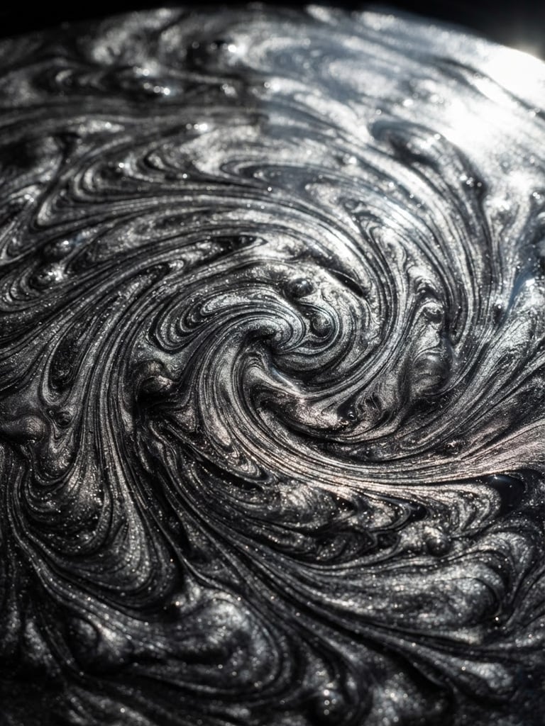 Macro photograph of thick liquid metallic epoxy swirling under high-contrast directional lighting, deep shadows with bright specular reflections, rich charcoal and silver tones