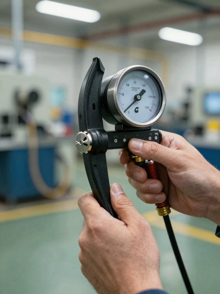 Close-up of two hands gripping a clamp-style energy meter against an industrial factory floor background, bright even studio lighting on the instrument, blurred machinery and cable trays in the mid-ground, shallow depth of field emphasising the meter display