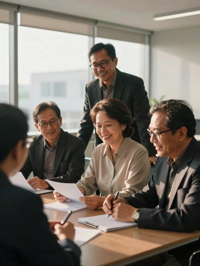 Medium shot of active Indonesian mature professionals aged 50 to 60, smiling and collaborating over worksheets in a sunlit modern corporate seminar room, soft golden hour lighting.