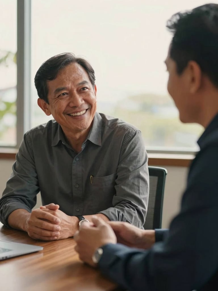 Medium close-up of a warm, professional corporate coaching session, mature Indonesian adults over fifty smiling and collaborating around a wooden table, soft natural golden-hour daylight, professional atmosphere.